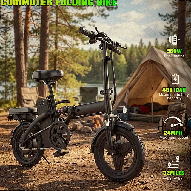 560W Folding Electric Bike 48V Removable Battery 14" E-Bike 24MPH 32Miles Range