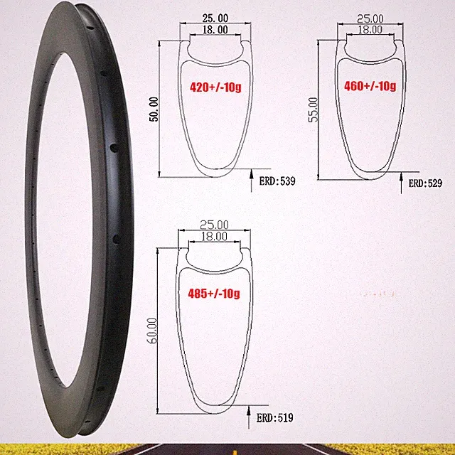 700C Carbon Road Bike Rim 50X25 55X25 60X25mm Disc / V Brake Clincher 16-36Holes