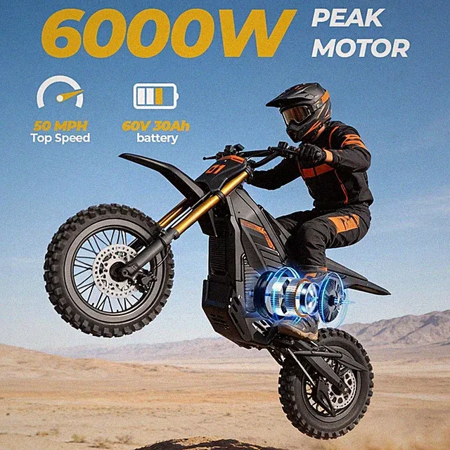 Adult Electric Dirt Bike 6000W Peak 60V/30Ah Off-Road E Motorcycle 50mph &60mi