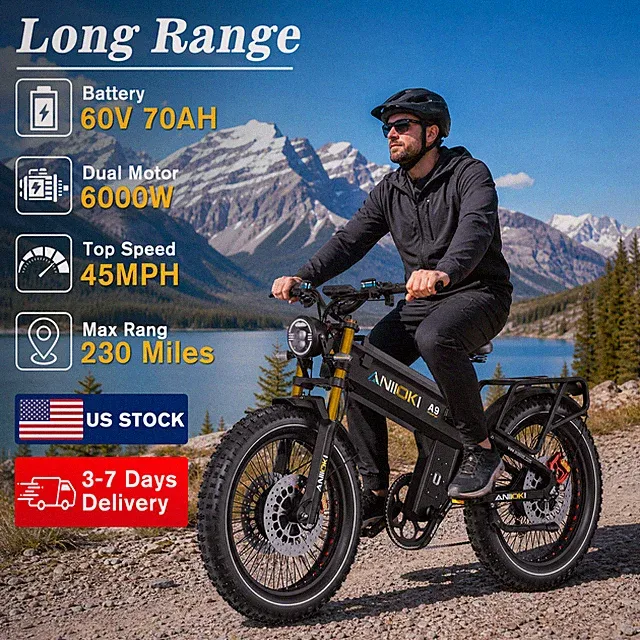 Aniioki 6000W Dual Motor 45MPH Fat Tire Ebike 70AH 60V 26" Mountain Bike Adults