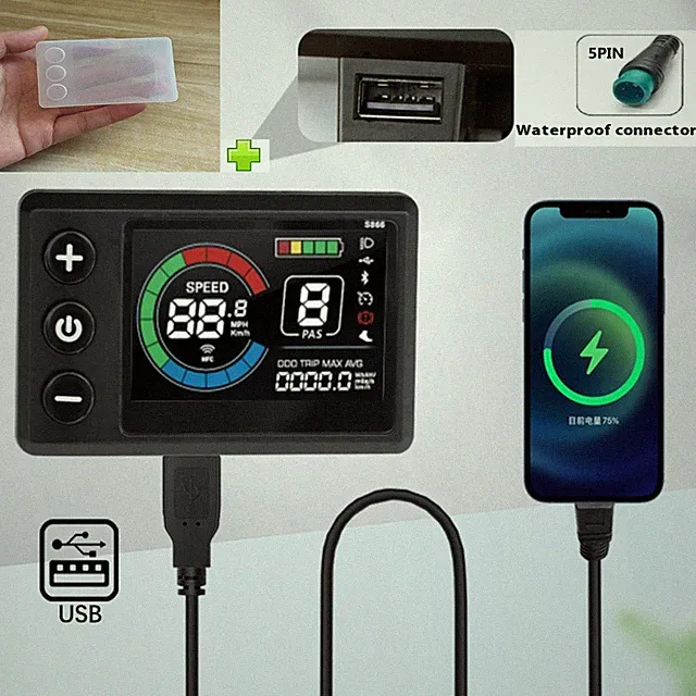 E-Bike 24V/36V/48V/60V S866-1S Display Color Screen Meter with USB Charging Port