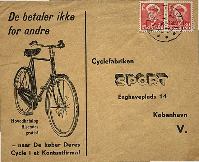 Greenland #34 Ad Cover Kutdligssat Qullissat to Copenhagen 1960 Bicycle Factory