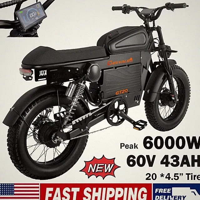 Warrior 6000W Electric Motorcycle 60V 43AH 20" Fat tire E-Mountain Bike Adult US